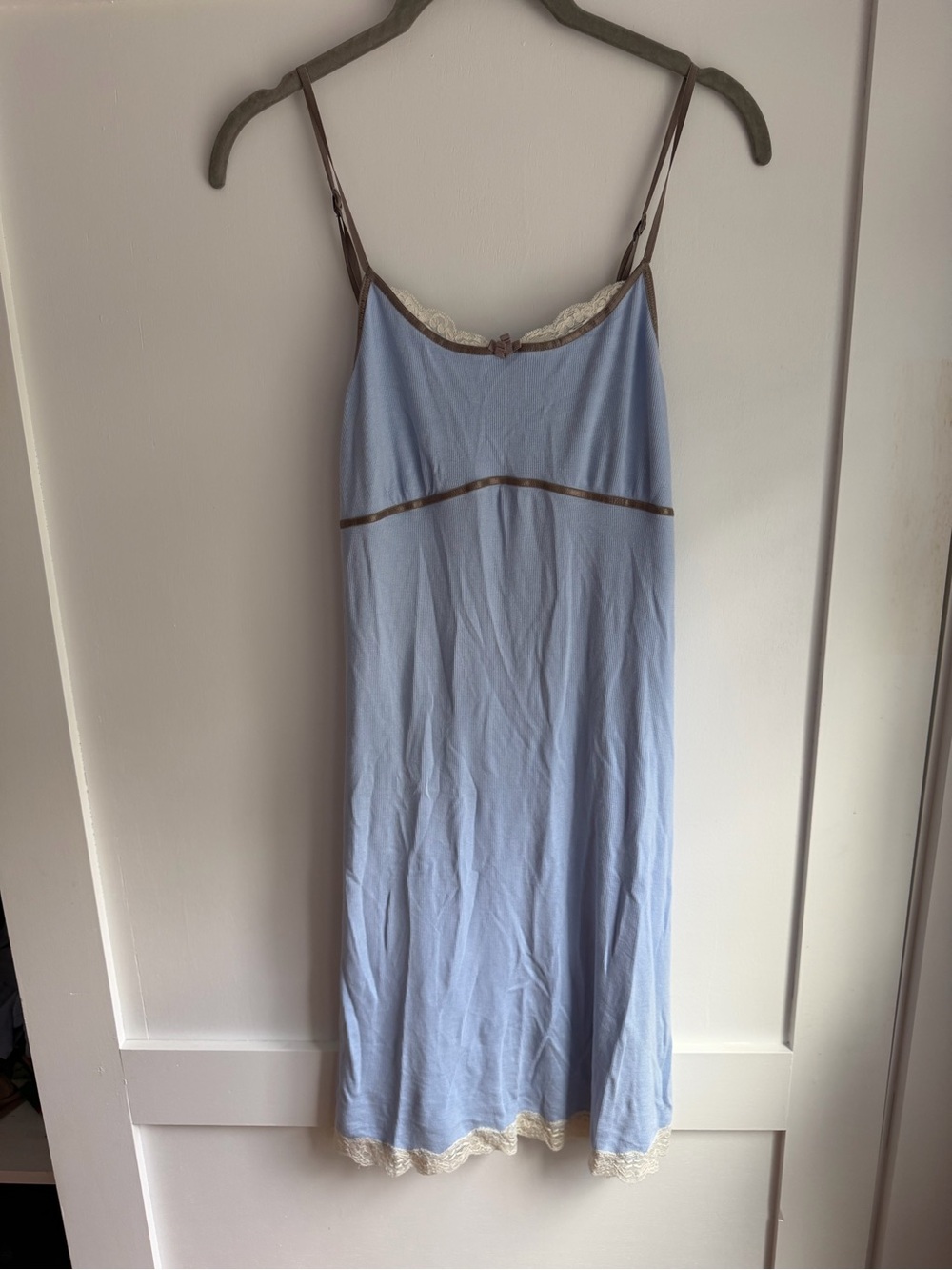 Light Blue Lace-Trim Slip Dress with Brown Accents